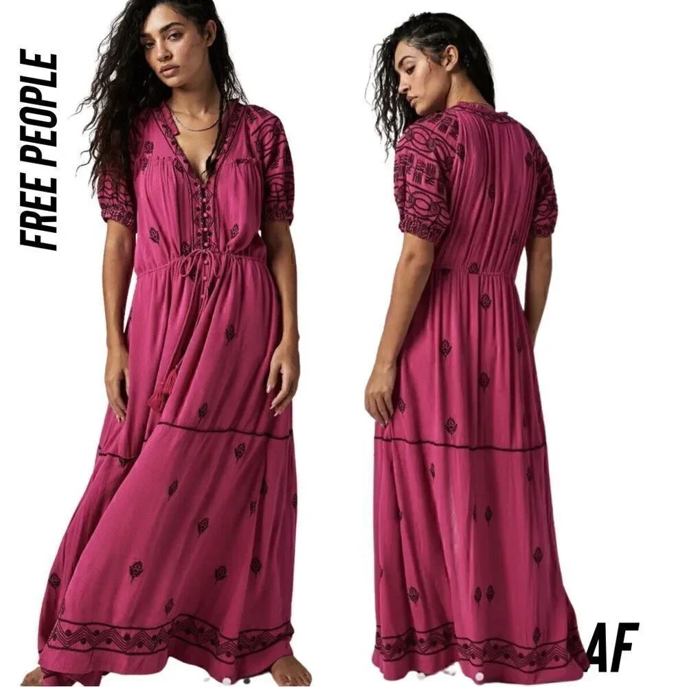 FREE PEOPLE RILEY SMOCKED MAXI DRESS IN FUCHSIA NEW